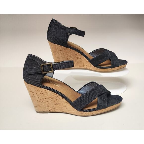 Toms Sandals Women's Sienna Criss Cross Straps Black Wedge Buckle Sandals 7.5 - Picture 1 of 11
